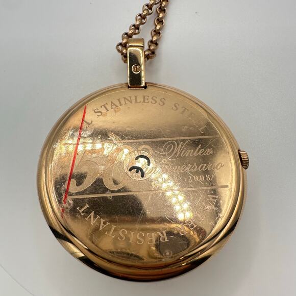 Wintex rose gold pink enamel clear rhinestones quartz pocket watch necklace - Picture 9 of 10